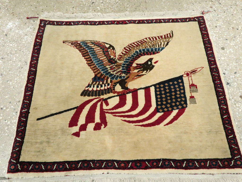 Antique Persian Kashan Flag Pictorial Rug, No.28461 - Staging