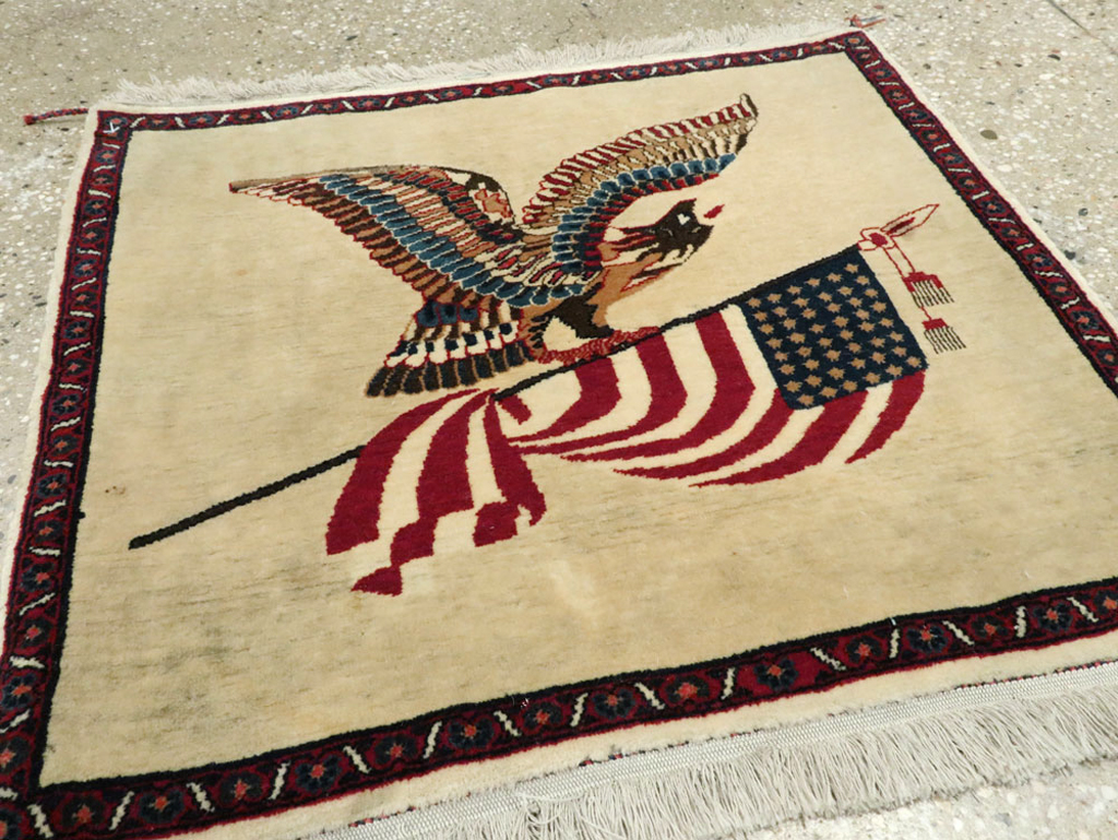 Antique Persian Kashan Flag Pictorial Rug, No.28461 - Staging