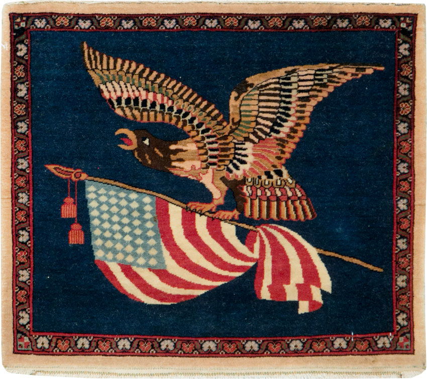 Vintage Persian Kashan Flag Pictorial Rug, No.28467 - Staging