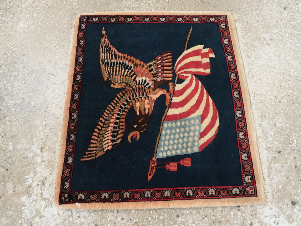 Vintage Persian Kashan Flag Pictorial Rug, No.28467 - Staging