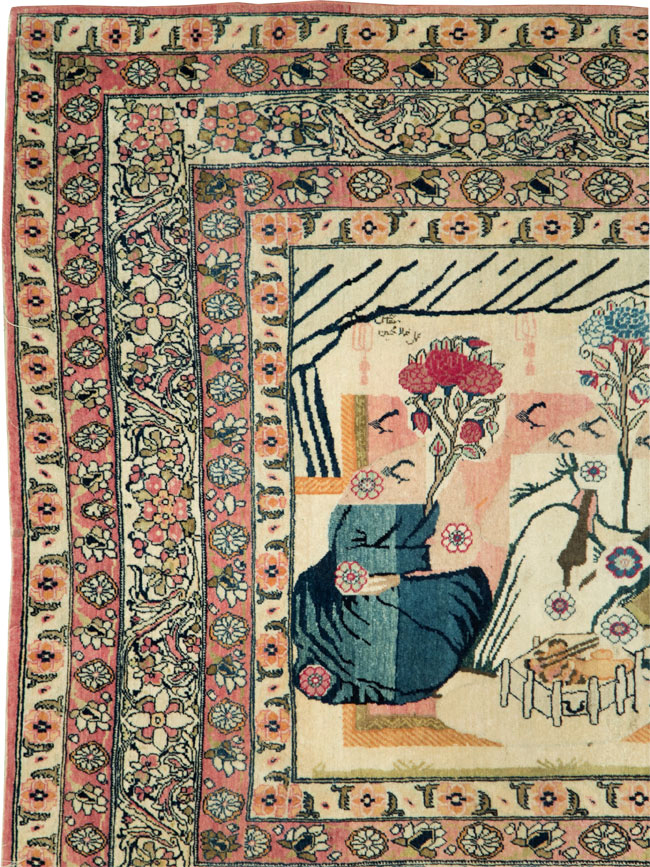 Antique Persian Lavar Kerman Pictorial Rug, No.28884 - Staging