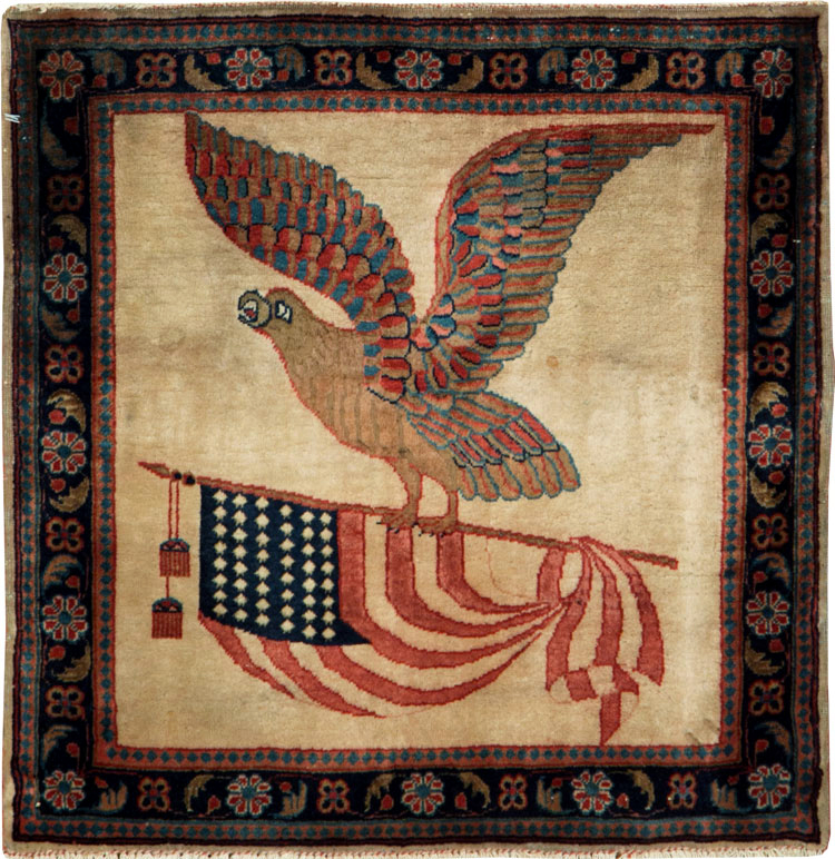 Antique Persian Kashan Flag Pictorial Rug, No.28889 - Staging