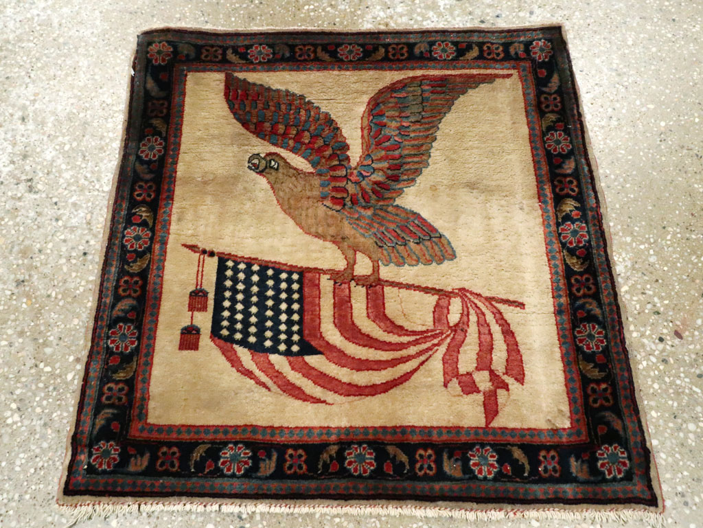 Antique Persian Kashan Flag Pictorial Rug, No.28889 - Staging