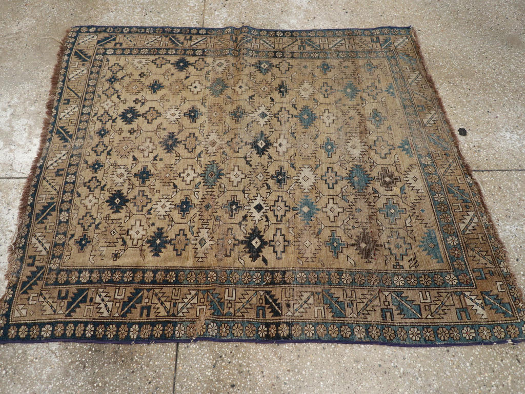 Distressed Antique Caucasian Shirvan Square Accent Rug, No.28894 - Staging