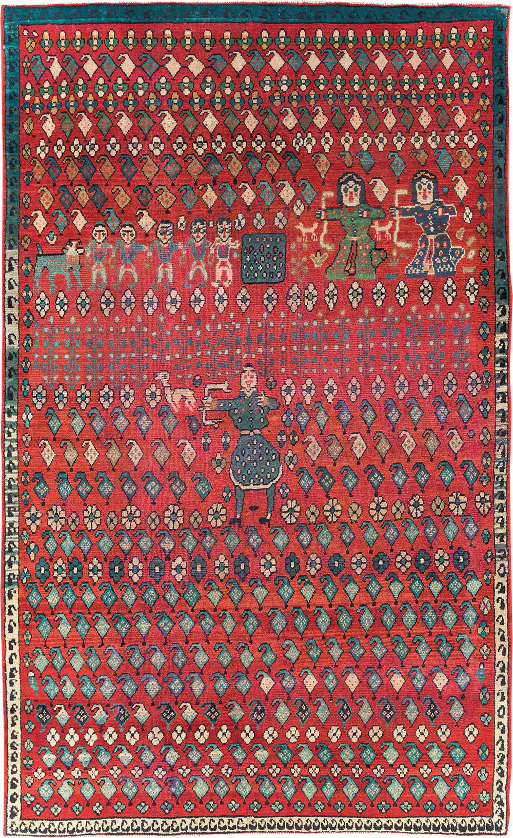 Vintage Persian Hamadan Pictorial Accent Carpet, No.28930 - Staging