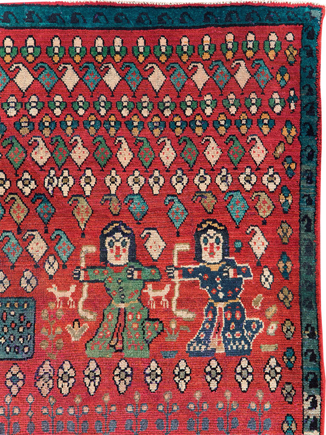 Vintage Persian Hamadan Pictorial Accent Carpet, No.28930 - Staging