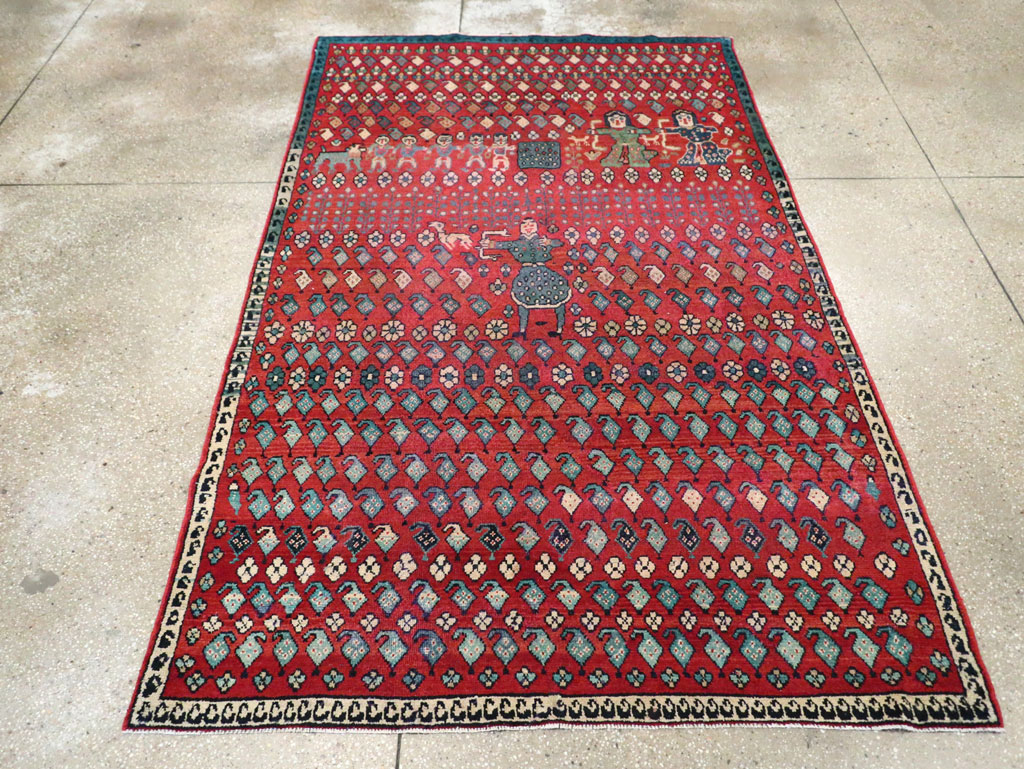 Vintage Persian Hamadan Pictorial Accent Carpet, No.28930 - Staging