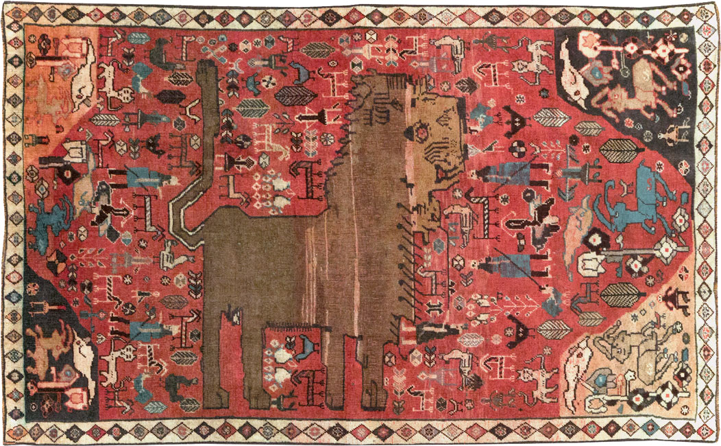 Vintage Persian Qashqai Pictorial Accent Rug, No.29085 - Staging