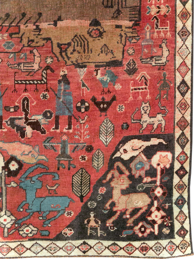 Vintage Persian Qashqai Pictorial Accent Rug, No.29085 - Staging