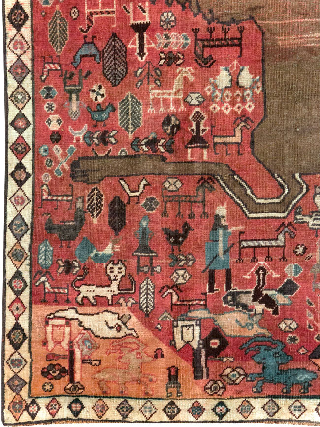 Vintage Persian Qashqai Pictorial Accent Rug, No.29085 - Staging