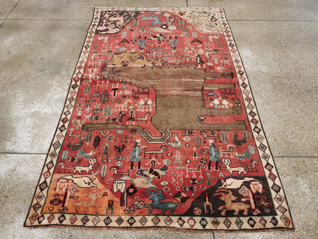 Vintage Persian Qashqai Pictorial Accent Rug, No.29085 - Staging