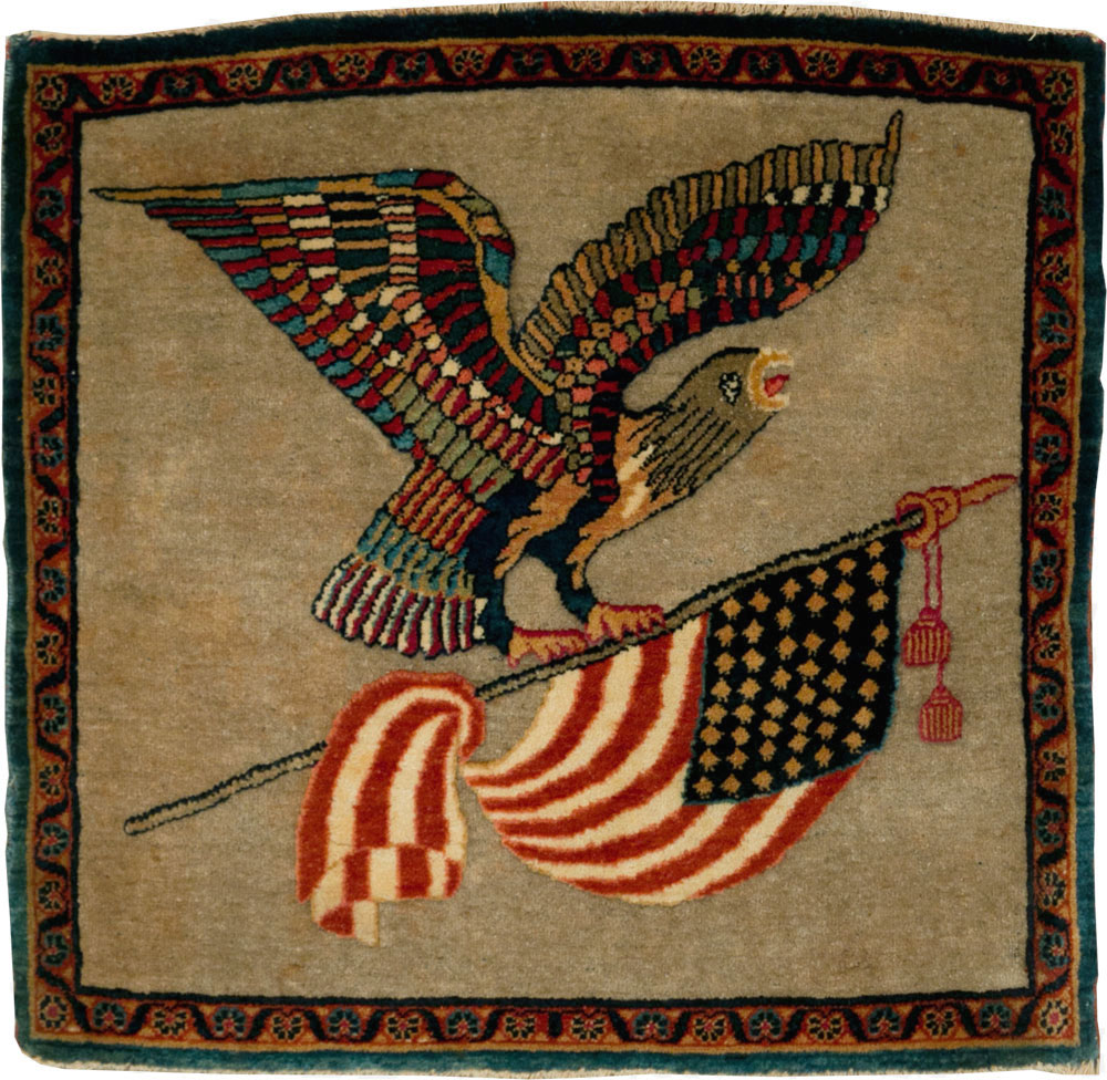 Antique Persian Kashan Flag Pictorial Rug, No.29111 - Staging