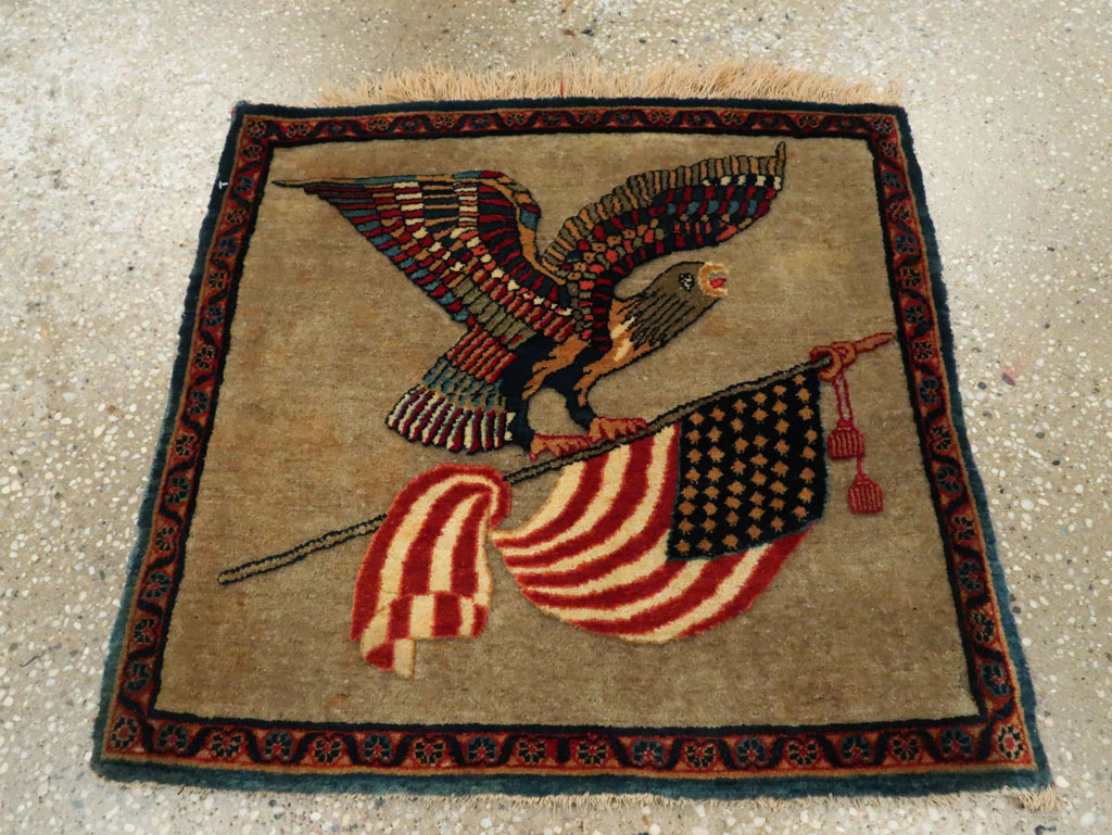 Antique Persian Kashan Flag Pictorial Rug, No.29111 - Staging