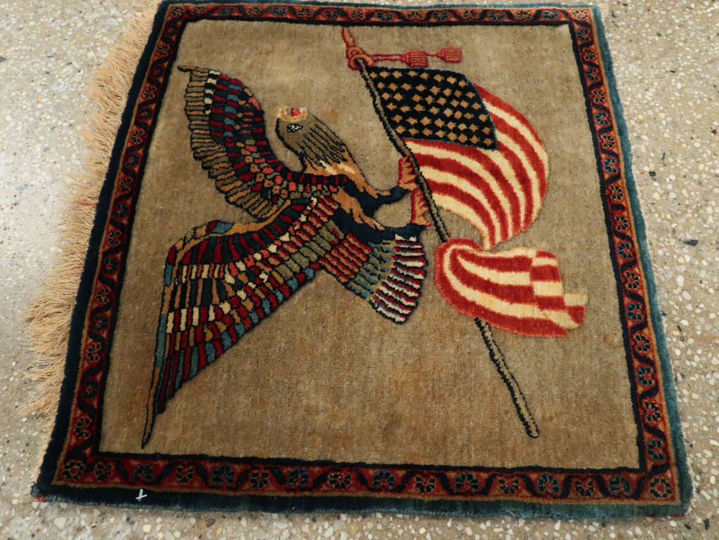 Antique Persian Kashan Flag Pictorial Rug, No.29111 - Staging