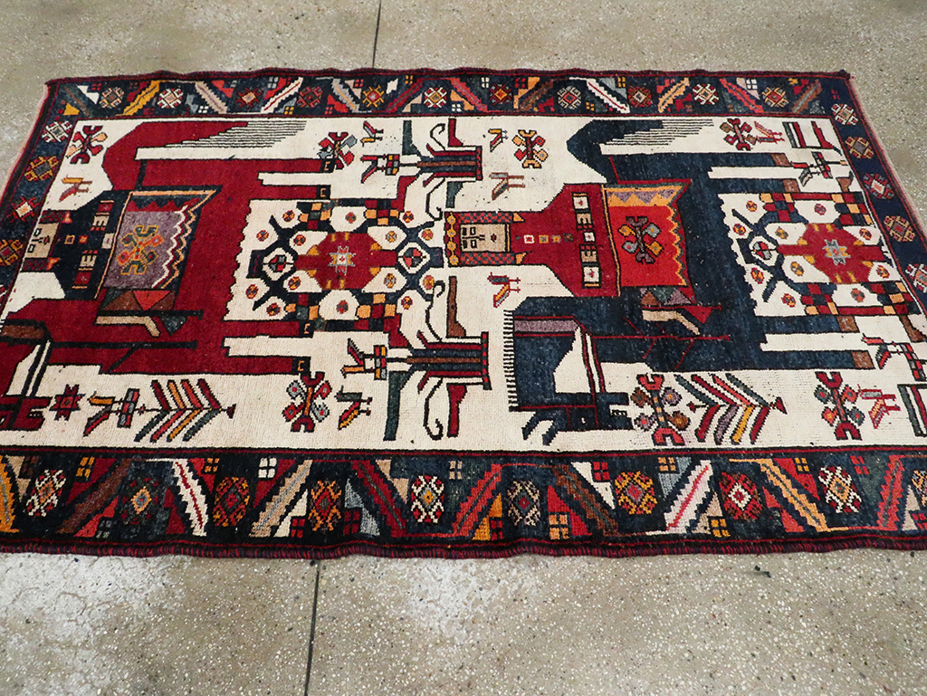 Vintage Persian Pictorial Bakhtiari Accent Rug, No.29173 - Staging
