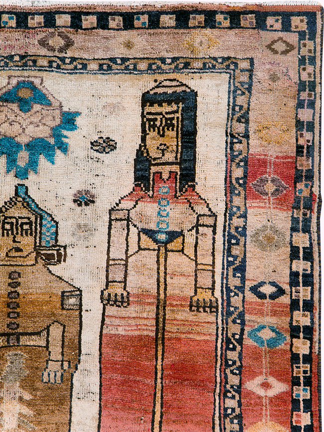 Tribal Persian Pictorial Bakhtiari Square Accent Rug, No.29182 - Staging