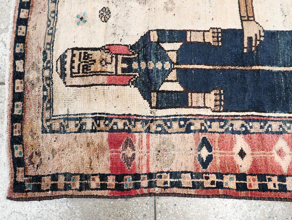 Tribal Persian Pictorial Bakhtiari Square Accent Rug, No.29182 - Staging