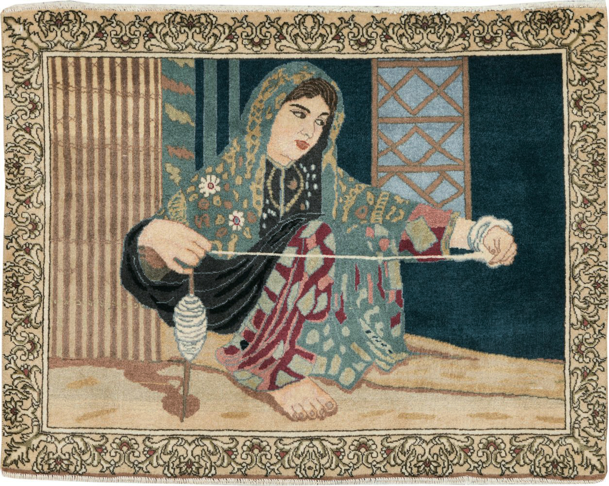 Vintage Persian Tabriz Pictorial Rug, No.29194 - Staging