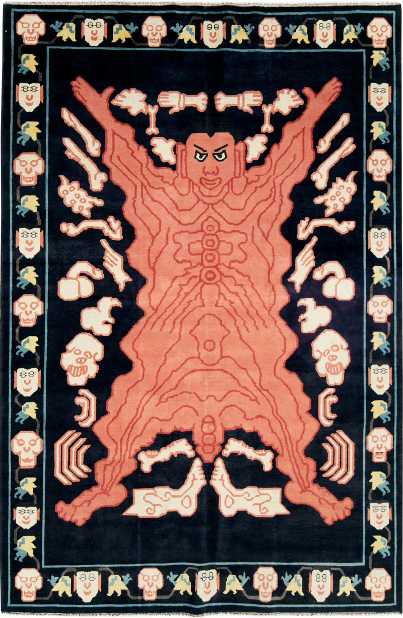 Tibetan Inspired Modern Buddhist Tantric Skeleton Ritual Rug, No.29232 - Staging
