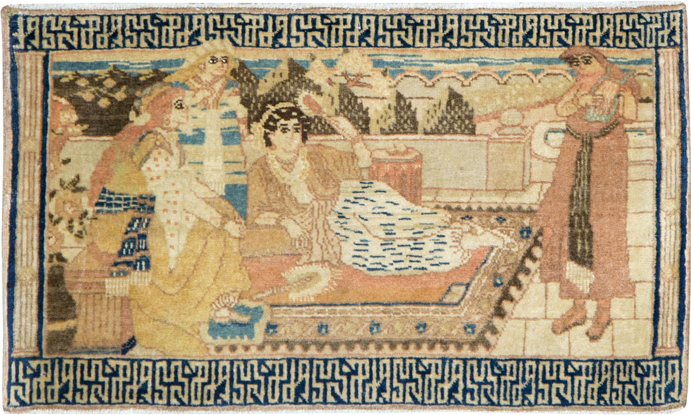 Vintage Persian Tabriz Pictorial Throw Rug, No.29270 - Staging