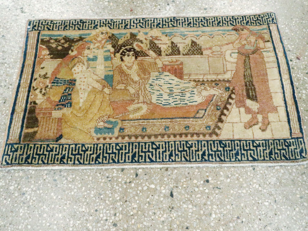 Vintage Persian Tabriz Pictorial Throw Rug, No.29270 - Staging