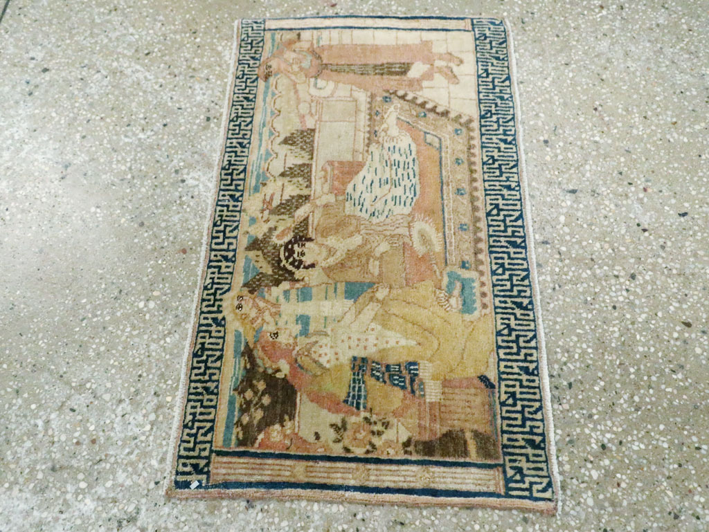 Vintage Persian Tabriz Pictorial Throw Rug, No.29270 - Staging