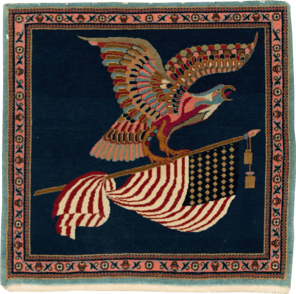 Vintage Persian Kashan Flag Pictorial Rug, No.29384 - Staging