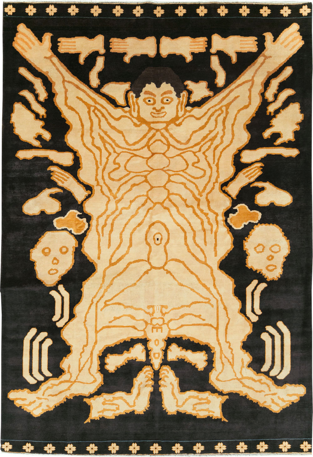 Tibetan Inspired Modern Buddhist Tantric Skeleton Ritual Rug, No.29523 - Staging