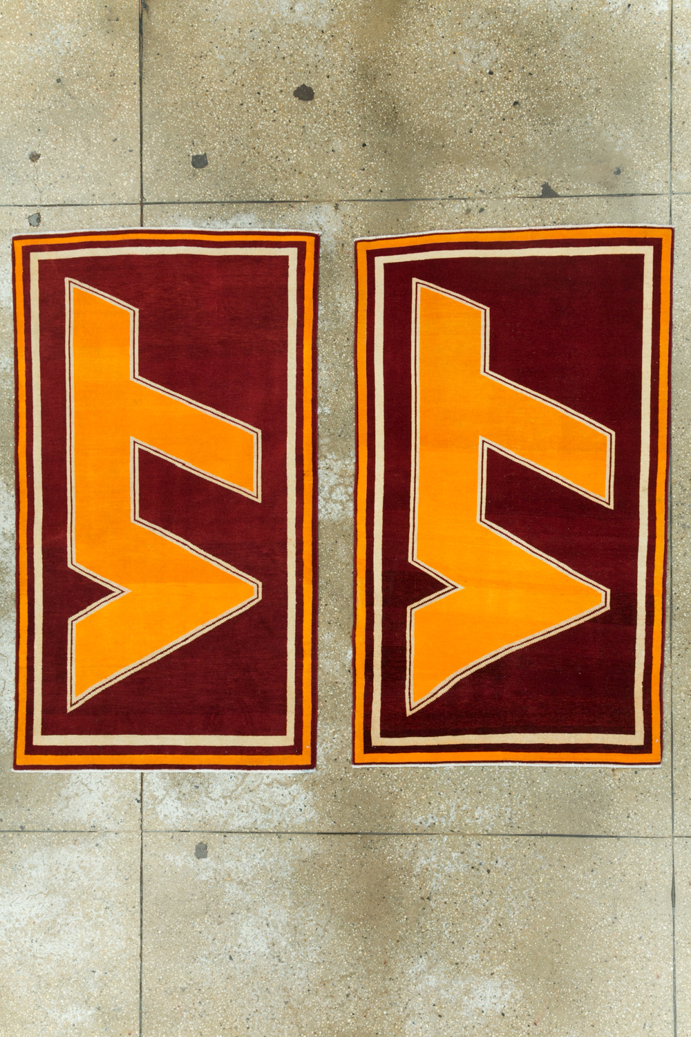 Vintage Persian Tabriz Throw Rug With Virginia Tech Logo (Pair: 1 of 2), No.29585 - Staging