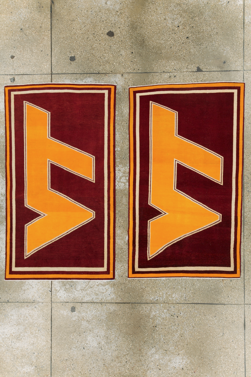 Vintage Persian Tabriz Throw Rug With Virginia Tech Logo (Pair: 2 of 2), No.29586 - Staging