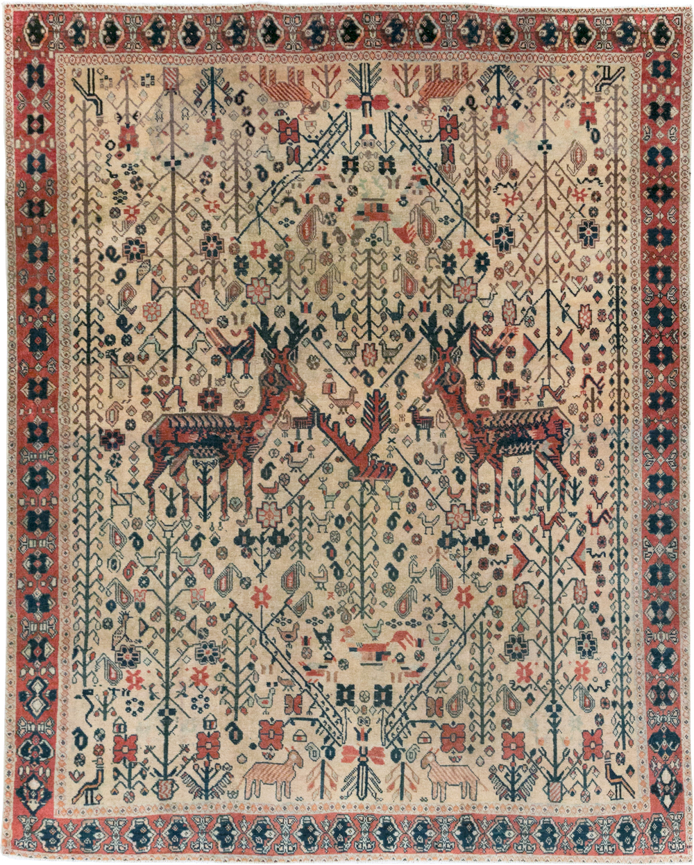 Vintage Persian Qashqai Pictorial Accent Rug, No.29608 - Staging