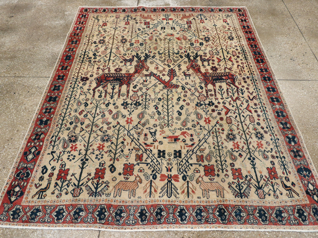 Vintage Persian Qashqai Pictorial Accent Rug, No.29608 - Staging