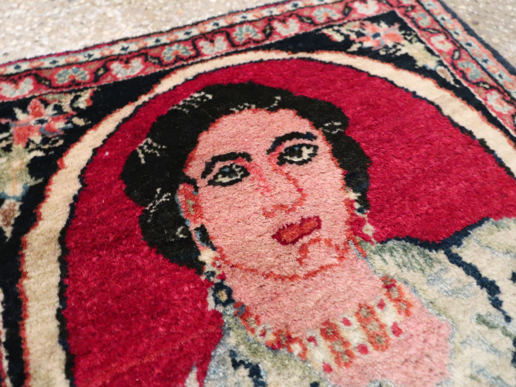 Vintage Persian Tabriz Pictorial Throw Rug, No.29766 - Staging