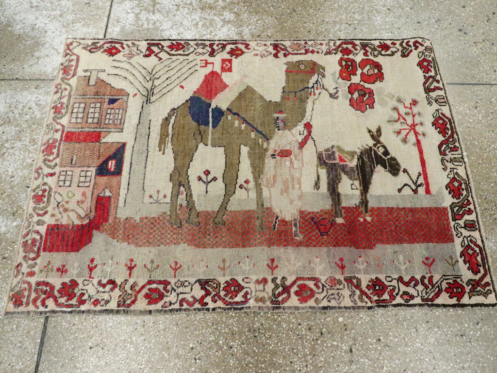 Vintage Turkish Anatolian Pictorial Throw Rug, No.29767 - Staging