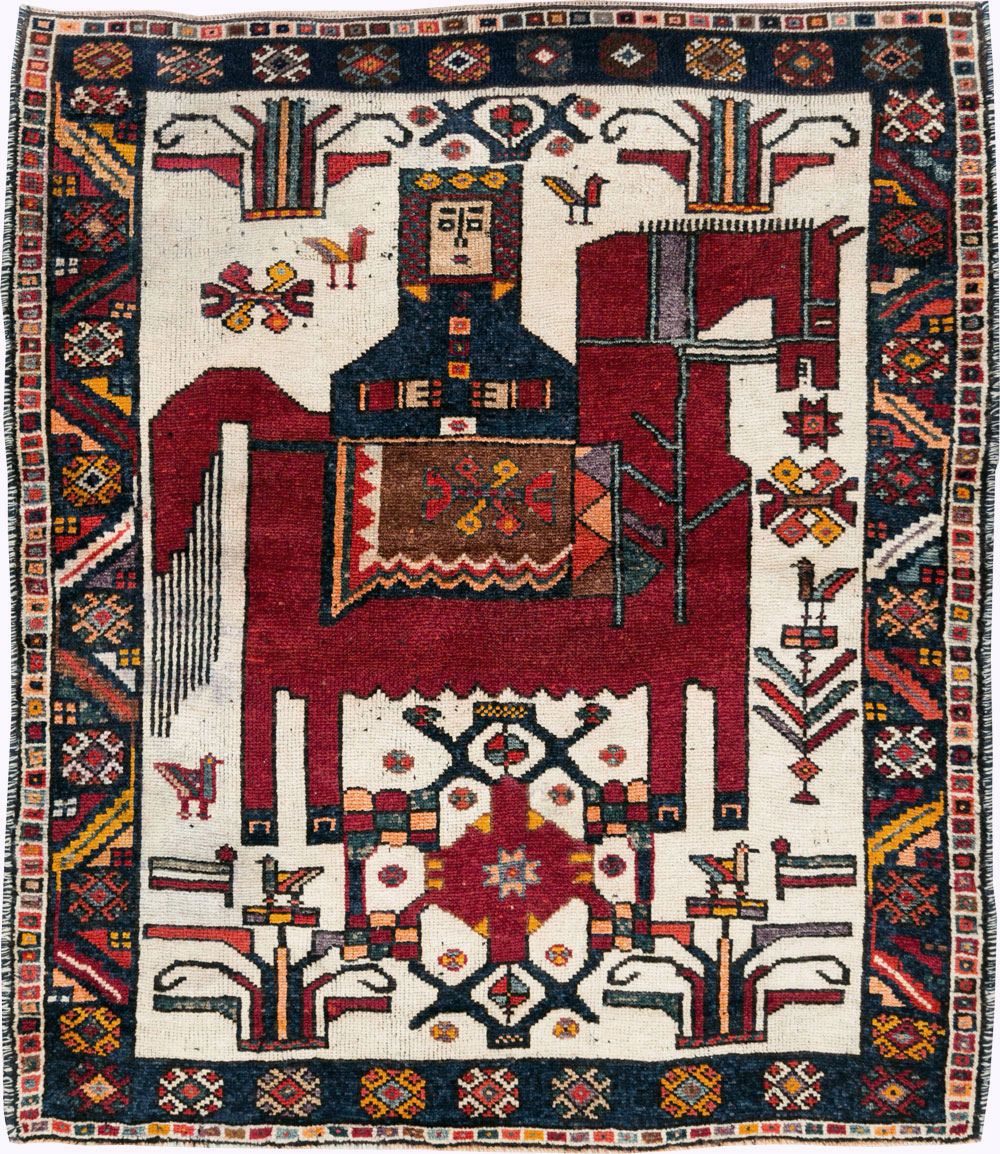 Vintage Persian Pictorial Bakhtiari Square Accent Rug (Pair: 1 of 2), No.30033 - Staging