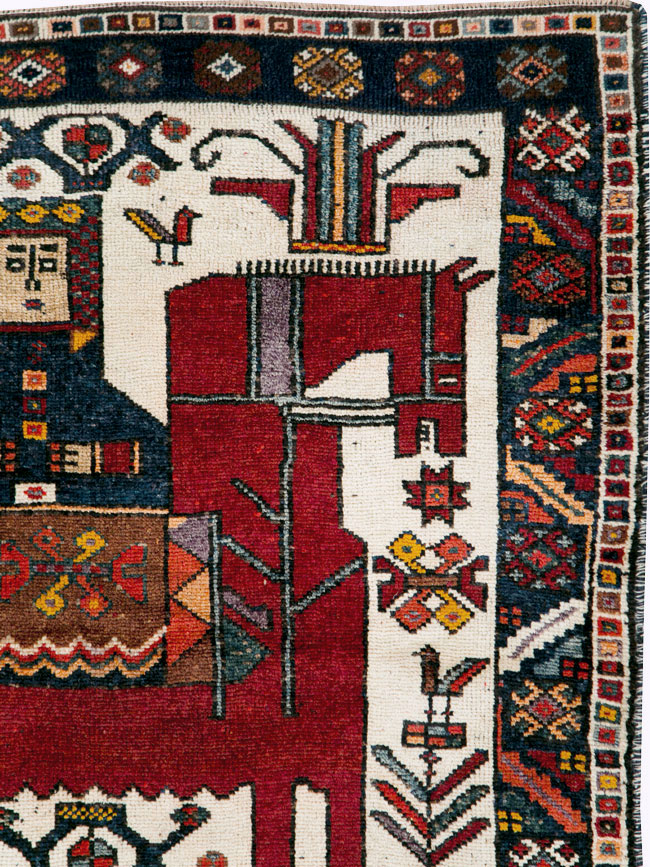 Vintage Persian Pictorial Bakhtiari Square Accent Rug (Pair: 1 of 2), No.30033 - Staging