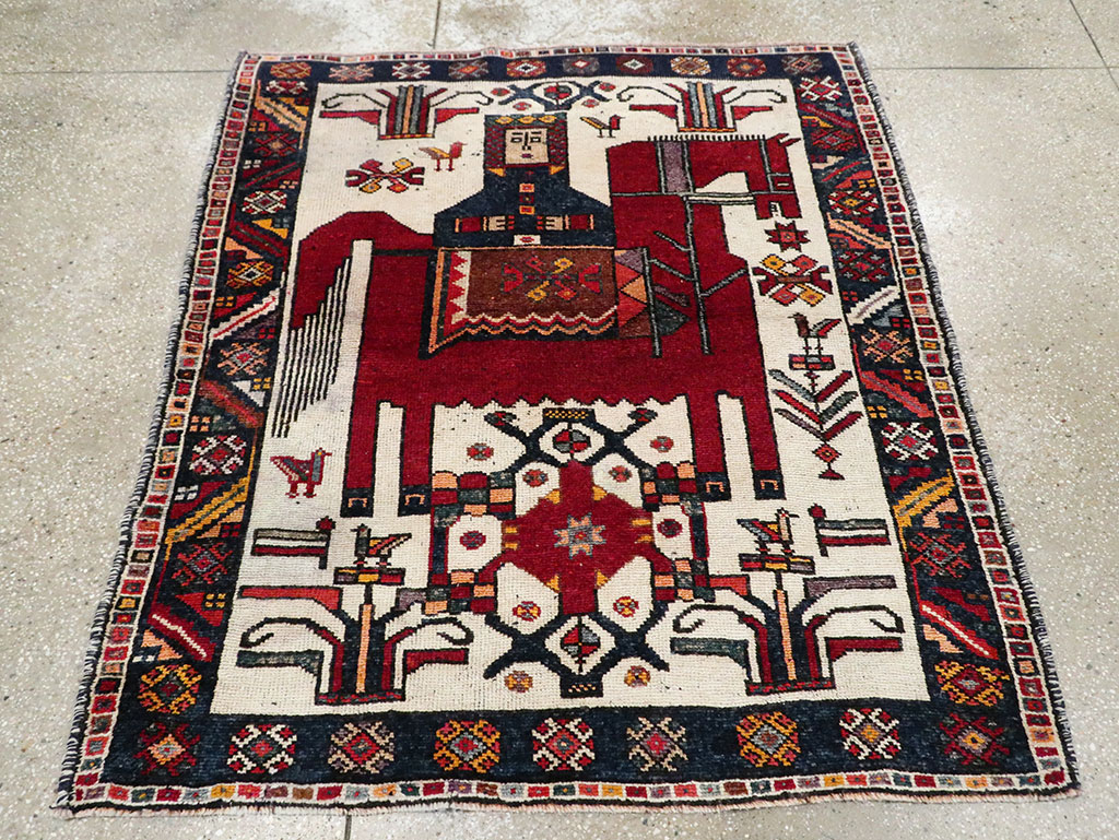Vintage Persian Pictorial Bakhtiari Square Accent Rug (Pair: 1 of 2), No.30033 - Staging