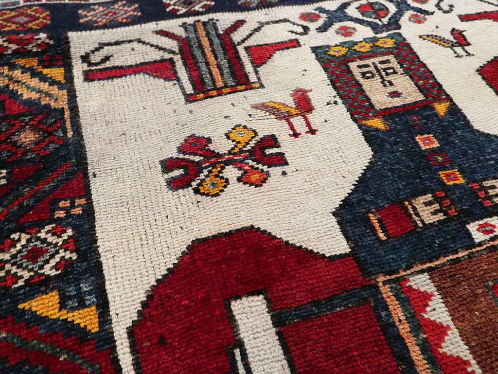 Vintage Persian Pictorial Bakhtiari Square Accent Rug (Pair: 1 of 2), No.30033 - Staging