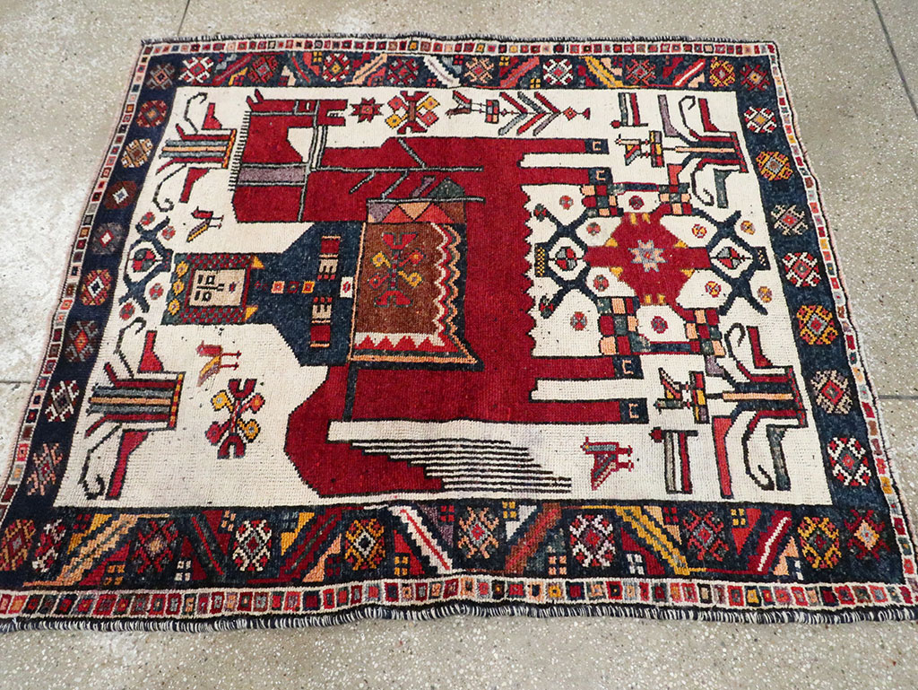 Vintage Persian Pictorial Bakhtiari Square Accent Rug (Pair: 1 of 2), No.30033 - Staging