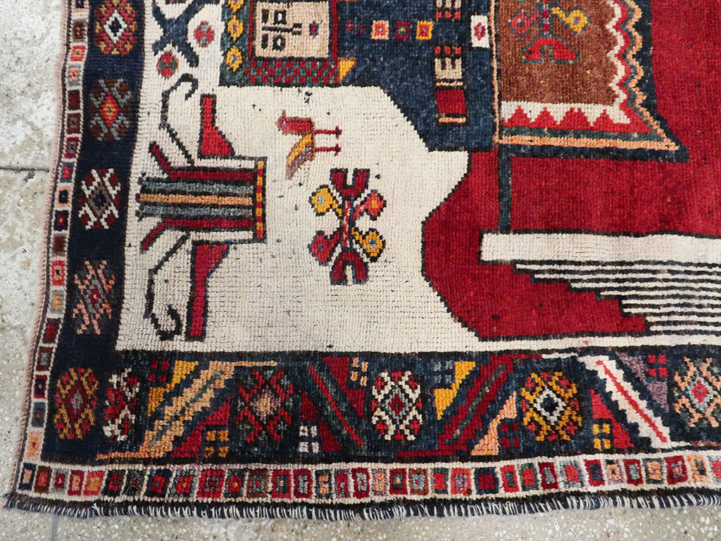 Vintage Persian Pictorial Bakhtiari Square Accent Rug (Pair: 1 of 2), No.30033 - Staging