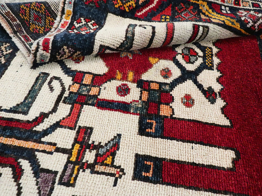 Vintage Persian Pictorial Bakhtiari Square Accent Rug (Pair: 1 of 2), No.30033 - Staging