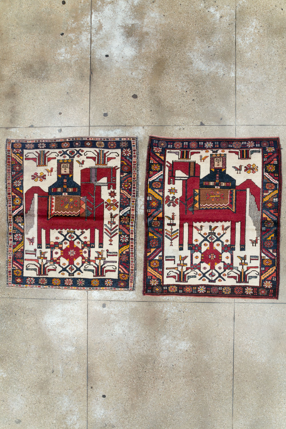 Vintage Persian Pictorial Bakhtiari Square Accent Rug (Pair: 1 of 2), No.30033 - Staging