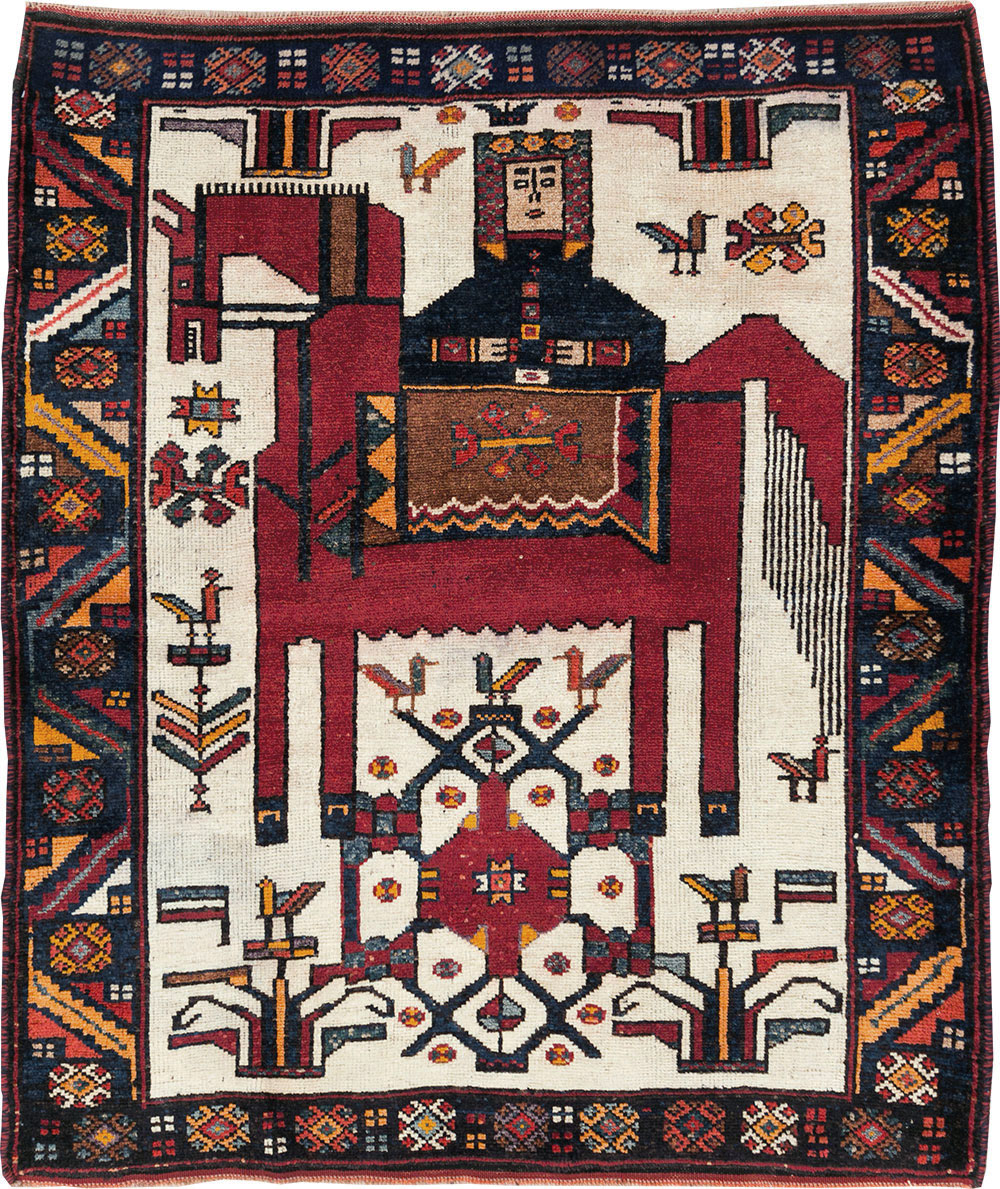 Vintage Persian Pictorial Bakhtiari Square Accent Rug (Pair: 2 of 2), No.30034 - Staging