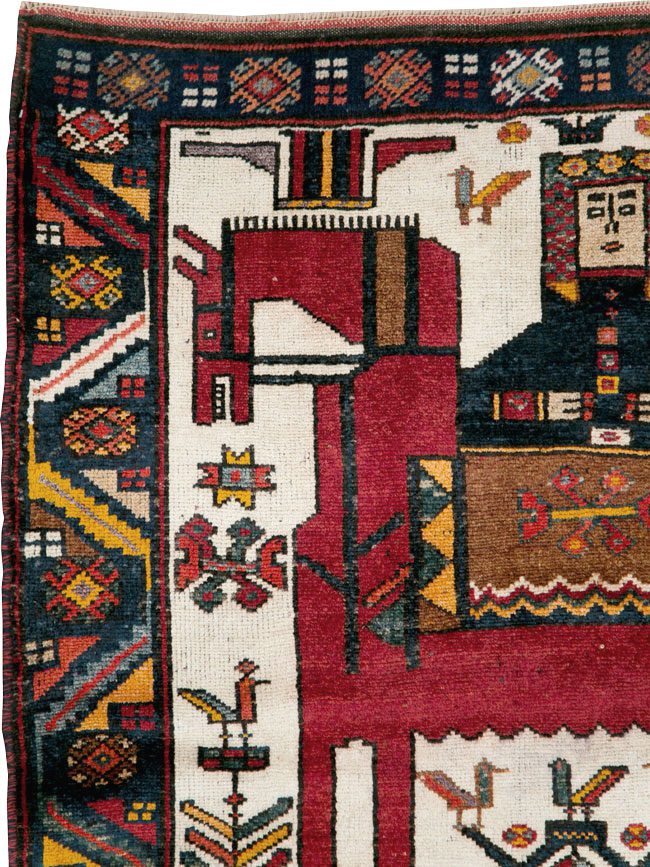 Vintage Persian Pictorial Bakhtiari Square Accent Rug (Pair: 2 of 2), No.30034 - Staging