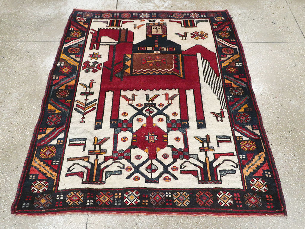 Vintage Persian Pictorial Bakhtiari Square Accent Rug (Pair: 2 of 2), No.30034 - Staging