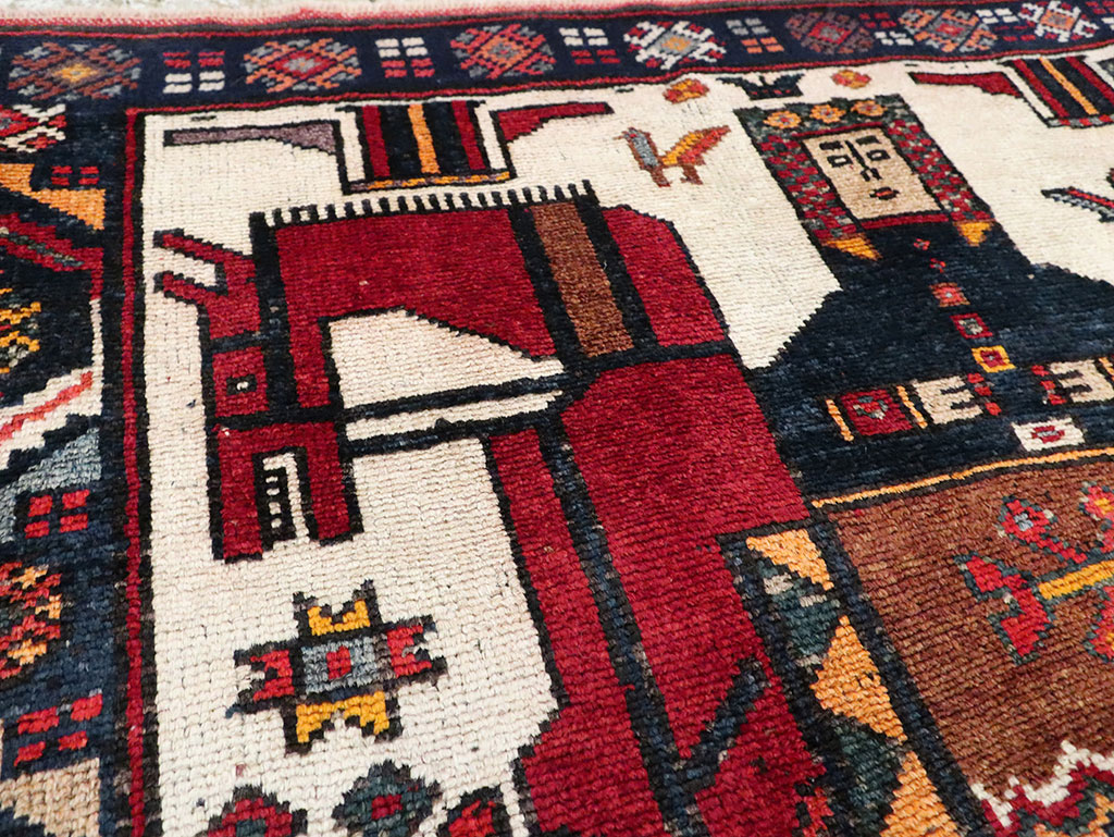 Vintage Persian Pictorial Bakhtiari Square Accent Rug (Pair: 2 of 2), No.30034 - Staging