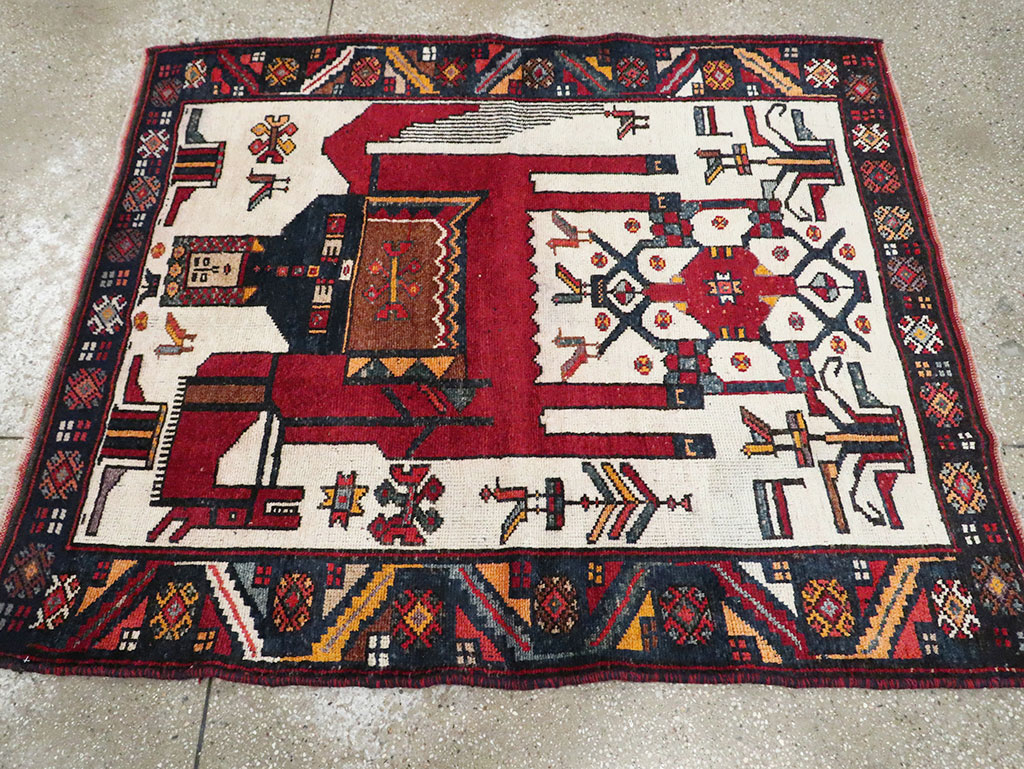 Vintage Persian Pictorial Bakhtiari Square Accent Rug (Pair: 2 of 2), No.30034 - Staging