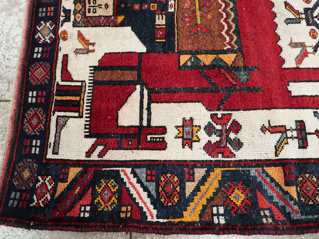 Vintage Persian Pictorial Bakhtiari Square Accent Rug (Pair: 2 of 2), No.30034 - Staging