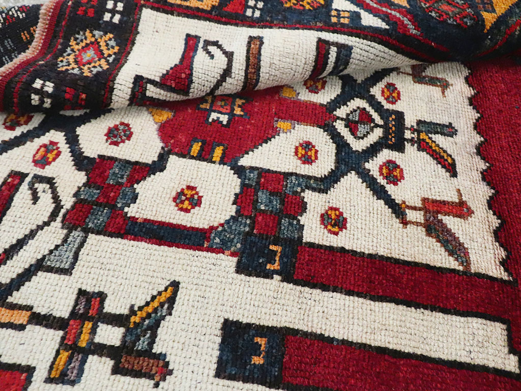 Vintage Persian Pictorial Bakhtiari Square Accent Rug (Pair: 2 of 2), No.30034 - Staging