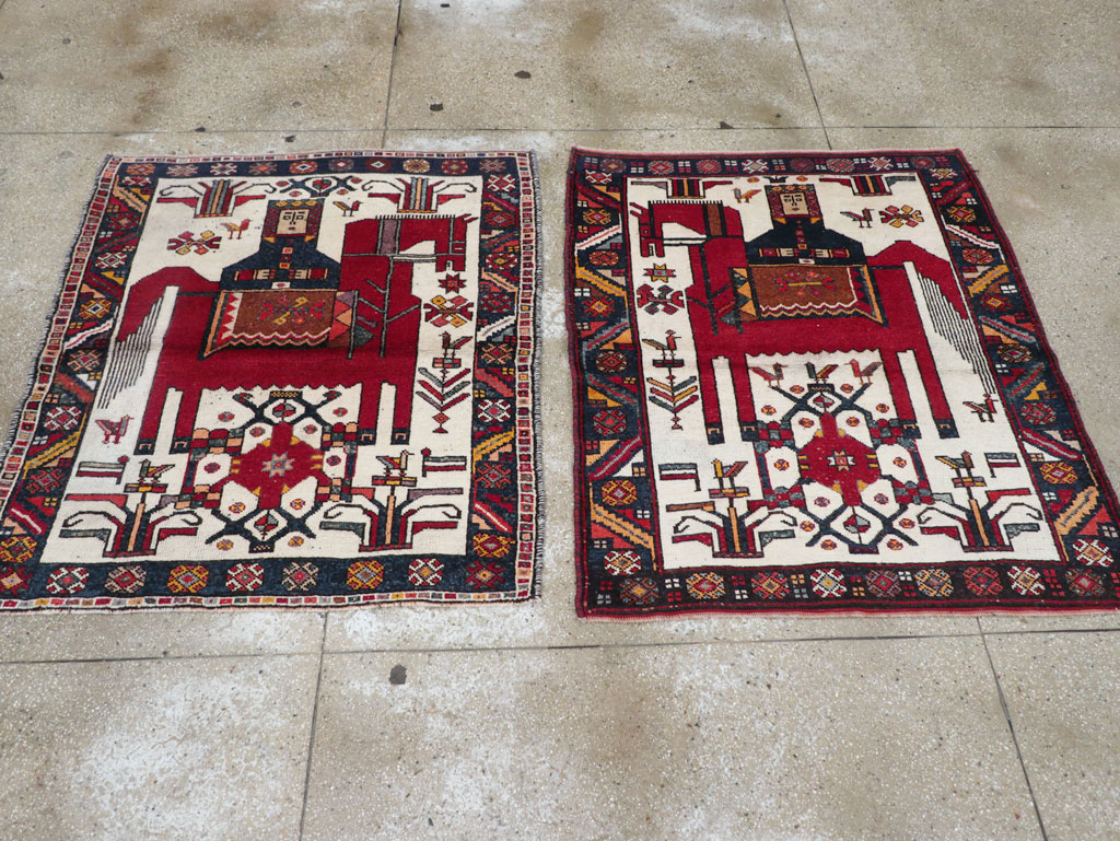 Vintage Persian Pictorial Bakhtiari Square Accent Rug (Pair: 2 of 2), No.30034 - Staging